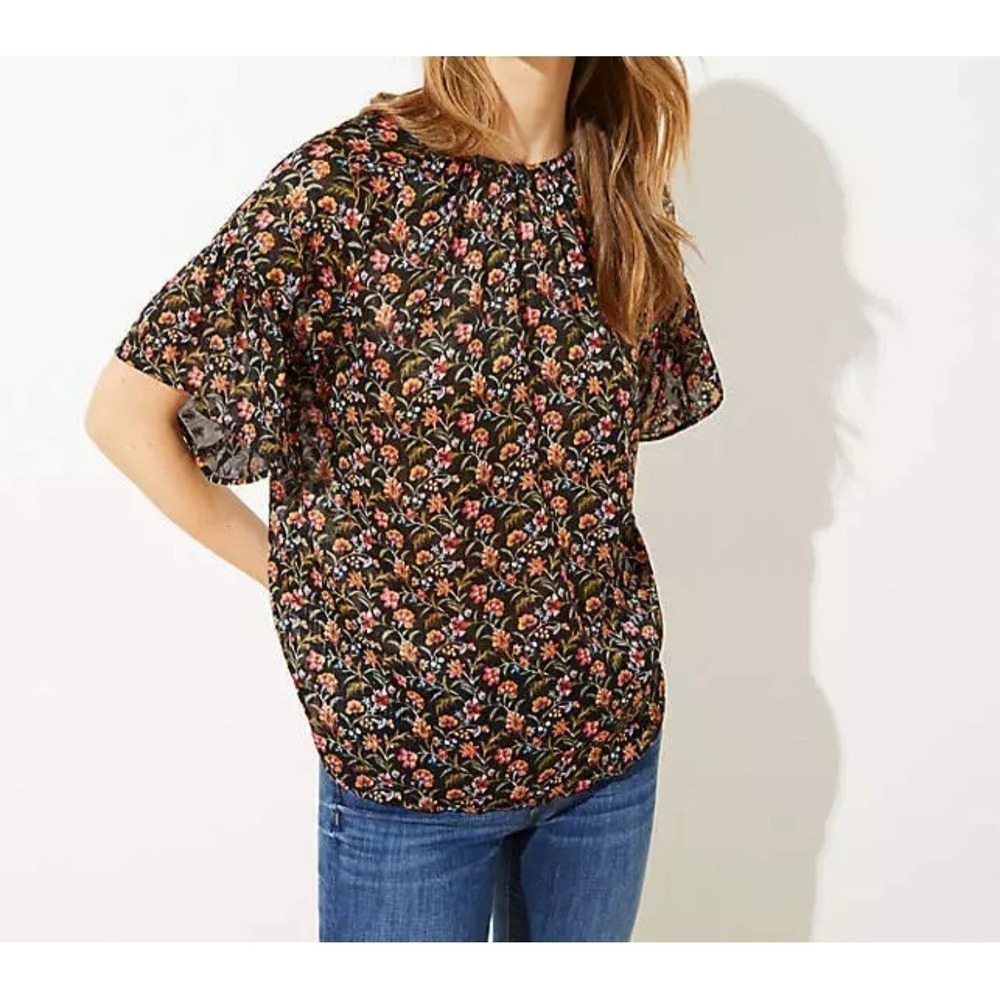 Ann Taylor Loft Women's Sheer Top LP Metallic Flutter Sleeve Floral Boho Peasant